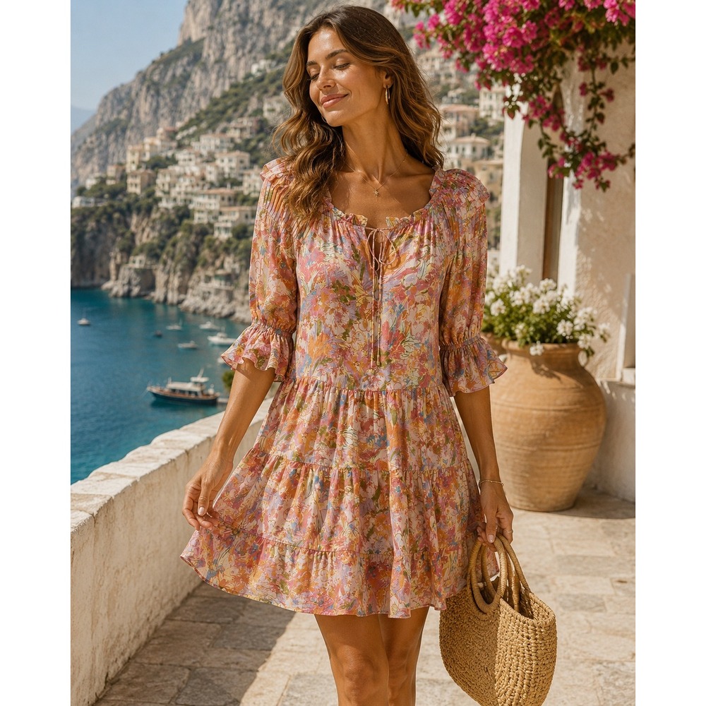 Gilner‎ Farrar Women's Large Floral Print Smocked Ruffle Mini Dress Pink Orange